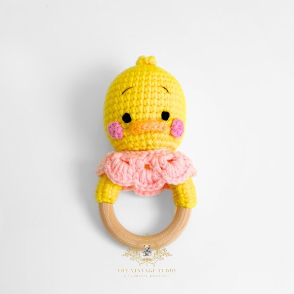 NWT Cute Handmade Crochet Ducky Baby Rattle Baby & Toddler Wooden Plush Toy - Picture 1 of 3